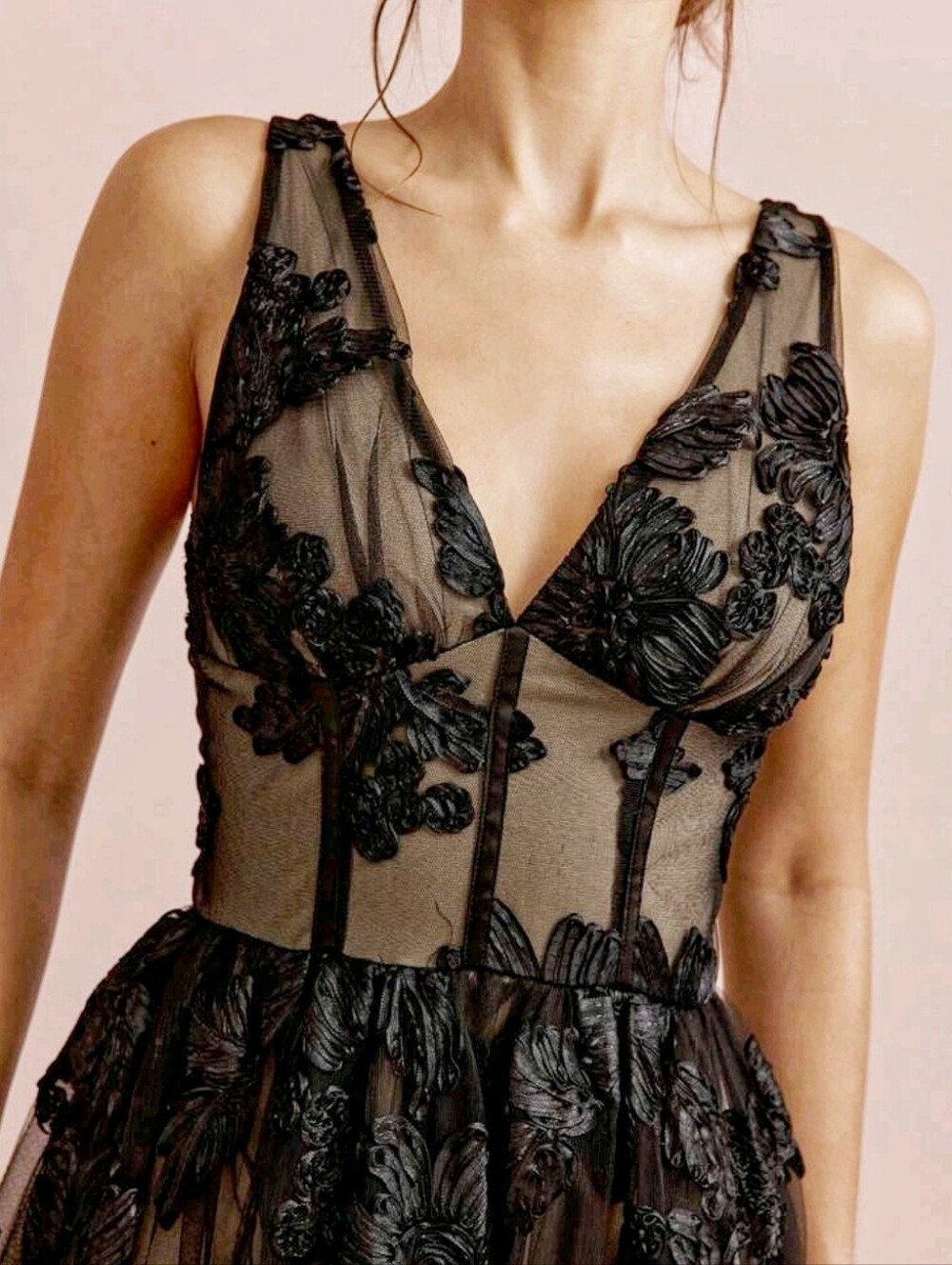 New Luxe Floral Embroidered Applique Full Midi Dress Black Sleeveless - Picture 6 of 14